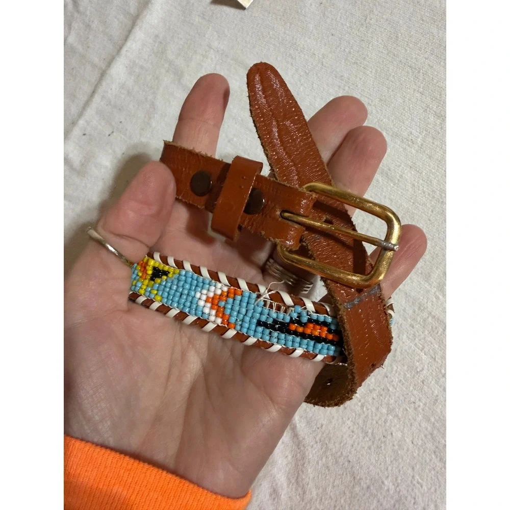 Vintage Kids Genuine Leather Beaded Southwestern‎ Western Belt Brown 27 Inch